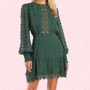 Lulu’s Lust or Love By Design Dotted Chiffon Lace Trim Dress L16149J NWT